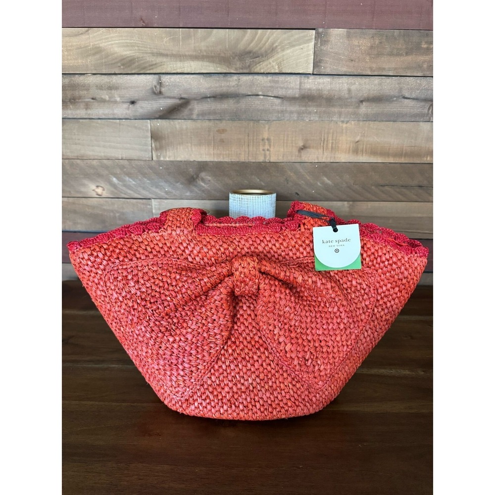 Kate Spade New York Target Raffia Bow Tote Bag Red Scalloped Straw Handbag NWT